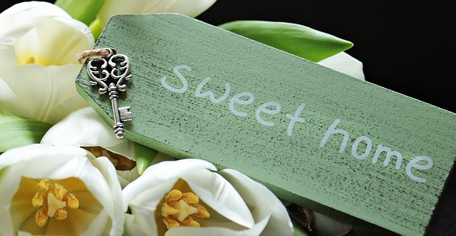 tulipány a nápis „sweet home“ na zelené destičce